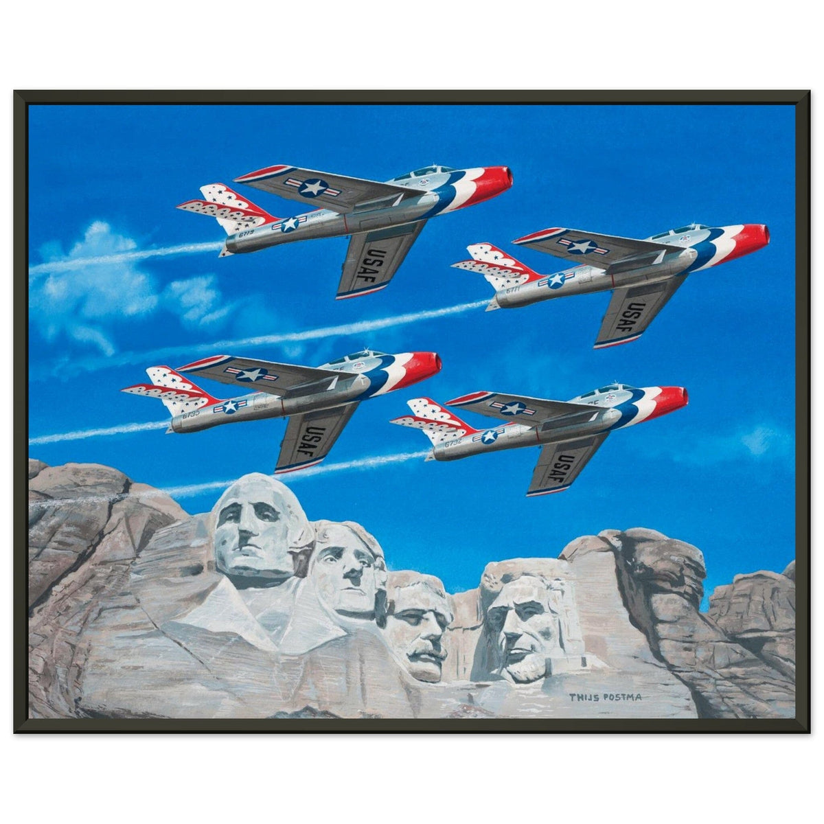 Thijs Postma - Poster - Republic F-84 Thunderbirds At Mount Rushmore - Metal Frame Poster - Metal Frame TP Aviation Art 40x50 cm / 16x20″ 