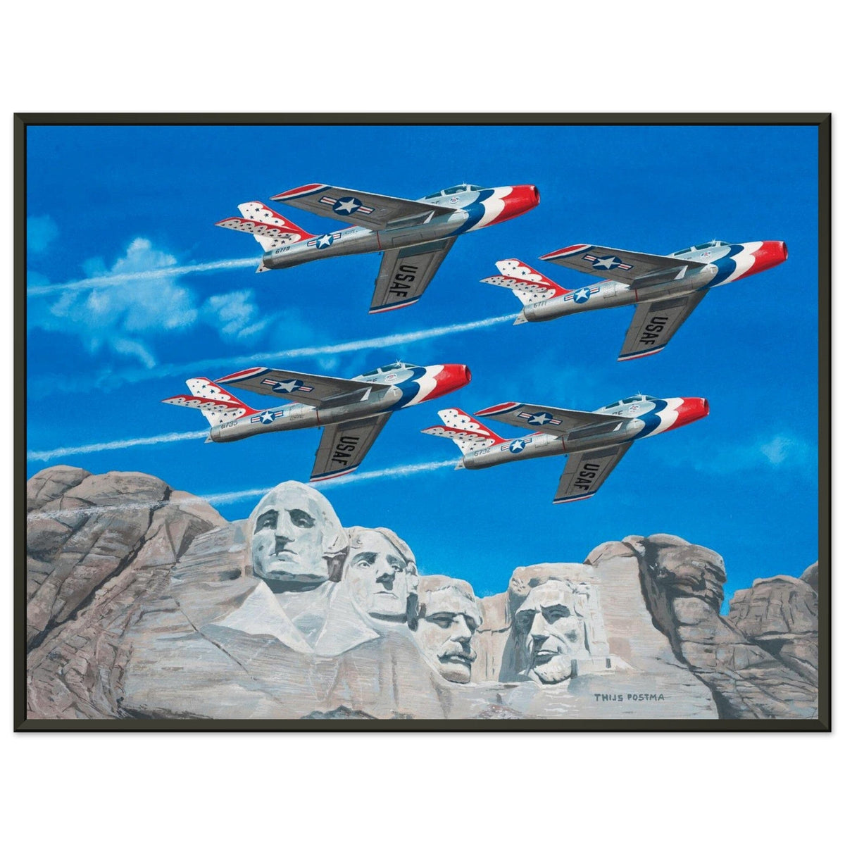 Thijs Postma - Poster - Republic F-84 Thunderbirds At Mount Rushmore - Metal Frame Poster - Metal Frame TP Aviation Art 45x60 cm / 18x24″ 