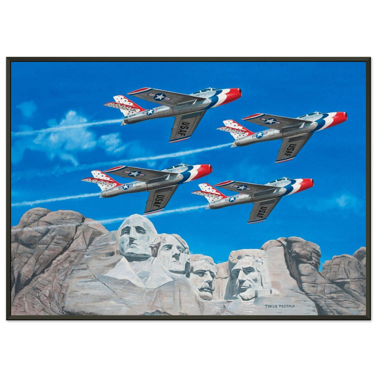 Thijs Postma - Poster - Republic F-84 Thunderbirds At Mount Rushmore - Metal Frame Poster - Metal Frame TP Aviation Art 50x70 cm / 20x28″ 