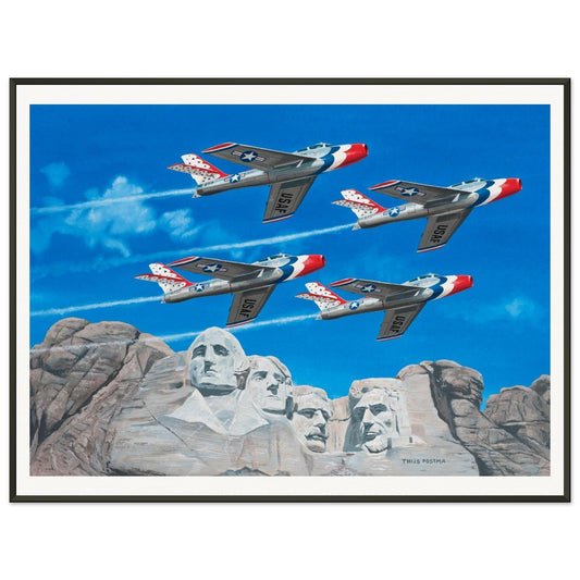 Thijs Postma - Poster - Republic F-84 Thunderbirds At Mount Rushmore - Metal Frame Poster - Metal Frame TP Aviation Art 60x80 cm / 24x32″ 