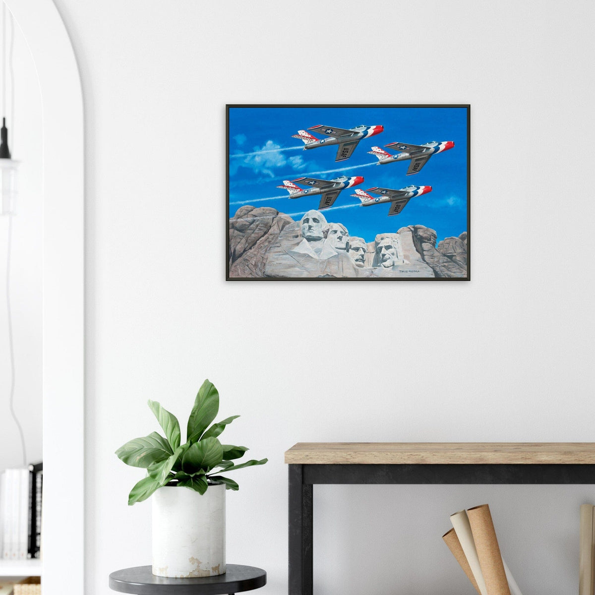 Thijs Postma - Poster - Republic F-84 Thunderbirds At Mount Rushmore - Metal Frame Poster - Metal Frame TP Aviation Art 