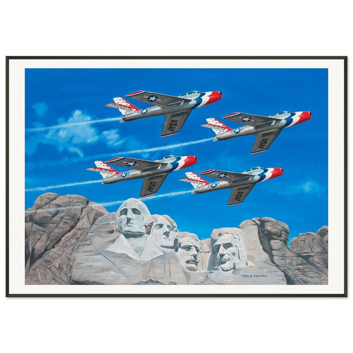 Thijs Postma - Poster - Republic F-84 Thunderbirds At Mount Rushmore - Metal Frame Poster - Metal Frame TP Aviation Art 70x100 cm / 28x40″ 