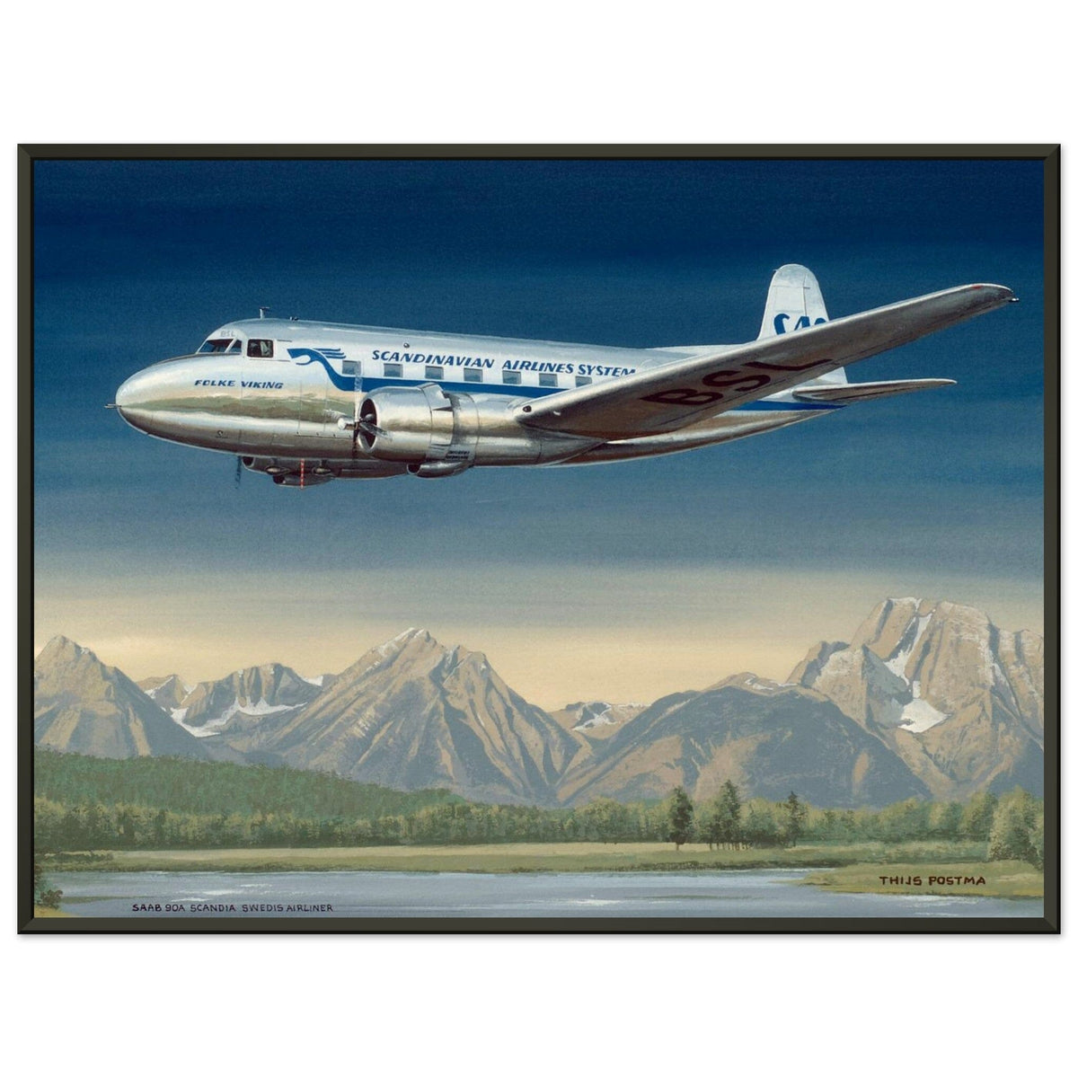 Thijs Postma - Poster - SAAB 90A Scandia SAS Flying Over Sweden - Metal Frame Poster - Metal Frame TP Aviation Art 45x60 cm / 18x24″ 