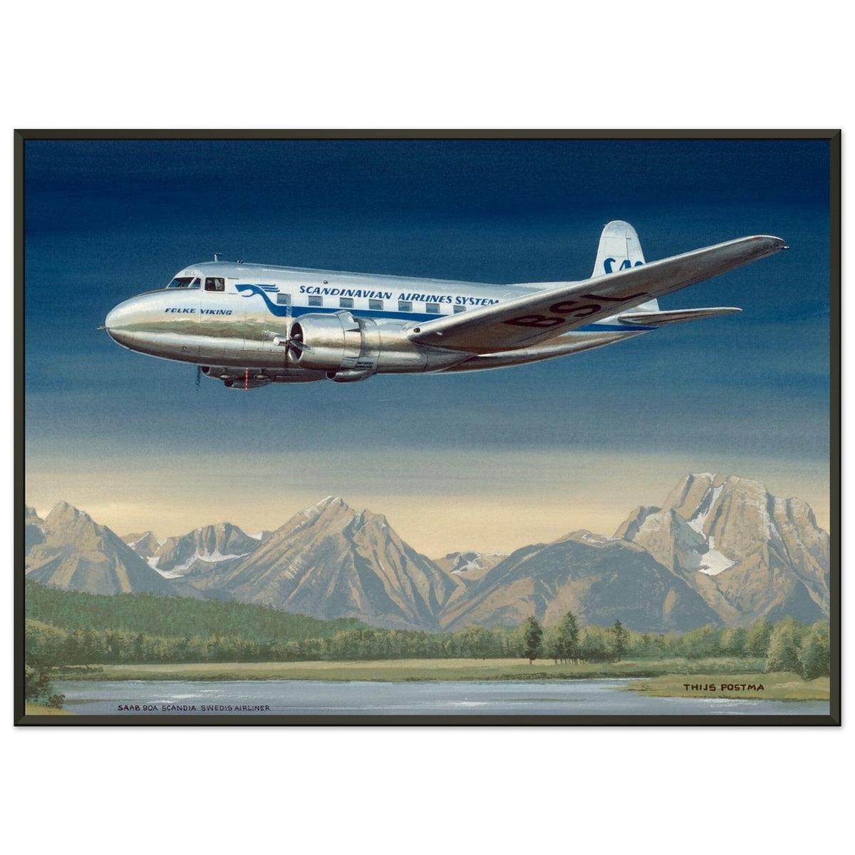 Thijs Postma - Poster - SAAB 90A Scandia SAS Flying Over Sweden - Metal Frame Poster - Metal Frame TP Aviation Art 50x70 cm / 20x28″ 