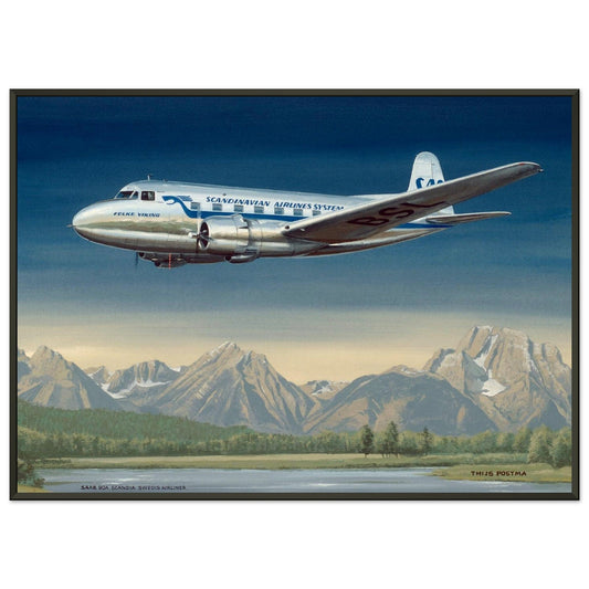 Thijs Postma - Poster - SAAB 90A Scandia SAS Flying Over Sweden - Metal Frame Poster - Metal Frame TP Aviation Art 50x70 cm / 20x28″ 