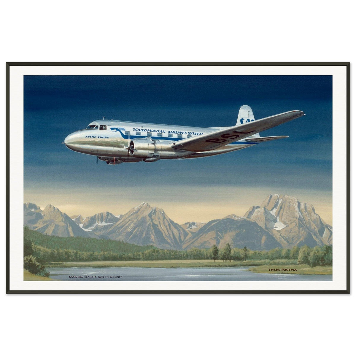 Thijs Postma - Poster - SAAB 90A Scandia SAS Flying Over Sweden - Metal Frame Poster - Metal Frame TP Aviation Art 60x90 cm / 24x36″ 