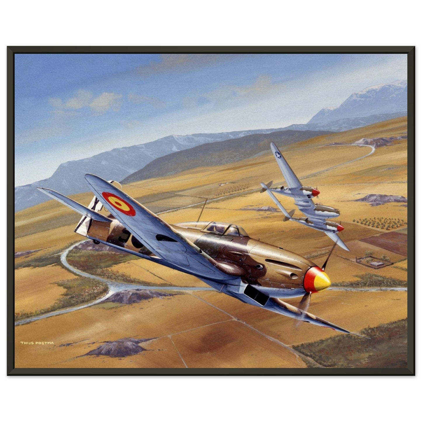 Thijs Postma - Poster - Spanish Heinkel He 112 Intercepting A Lockheed P-38 Lightning - Metal Frame Poster - Metal Frame TP Aviation Art 40x50 cm / 16x20″ 