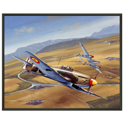 Thijs Postma - Poster - Spanish Heinkel He 112 Intercepting A Lockheed P-38 Lightning - Metal Frame Poster - Metal Frame TP Aviation Art 40x50 cm / 16x20″ 