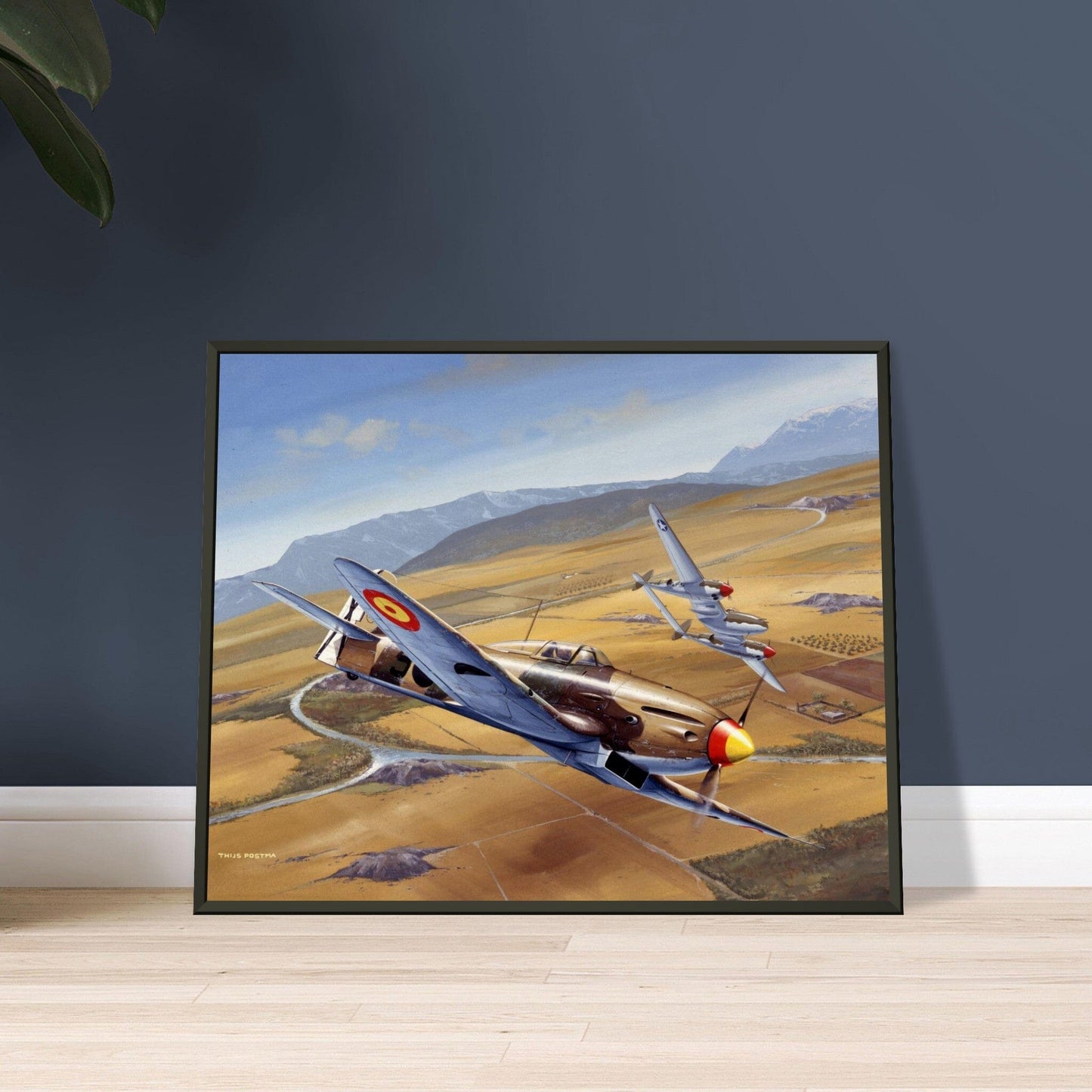 Thijs Postma - Poster - Spanish Heinkel He 112 Intercepting A Lockheed P-38 Lightning - Metal Frame Poster - Metal Frame TP Aviation Art 