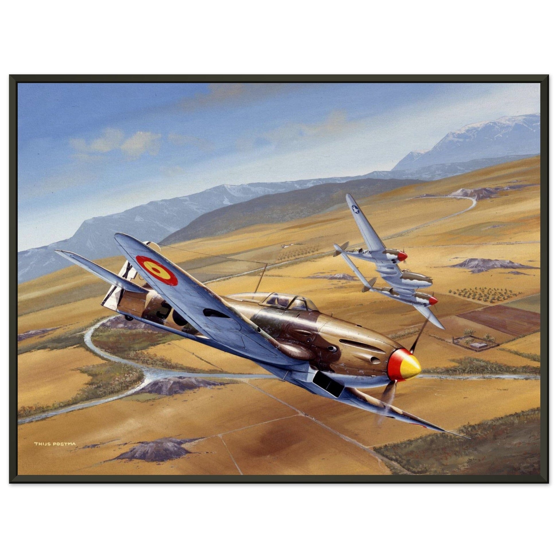 Thijs Postma - Poster - Spanish Heinkel He 112 Intercepting A Lockheed P-38 Lightning - Metal Frame Poster - Metal Frame TP Aviation Art 45x60 cm / 18x24″ 