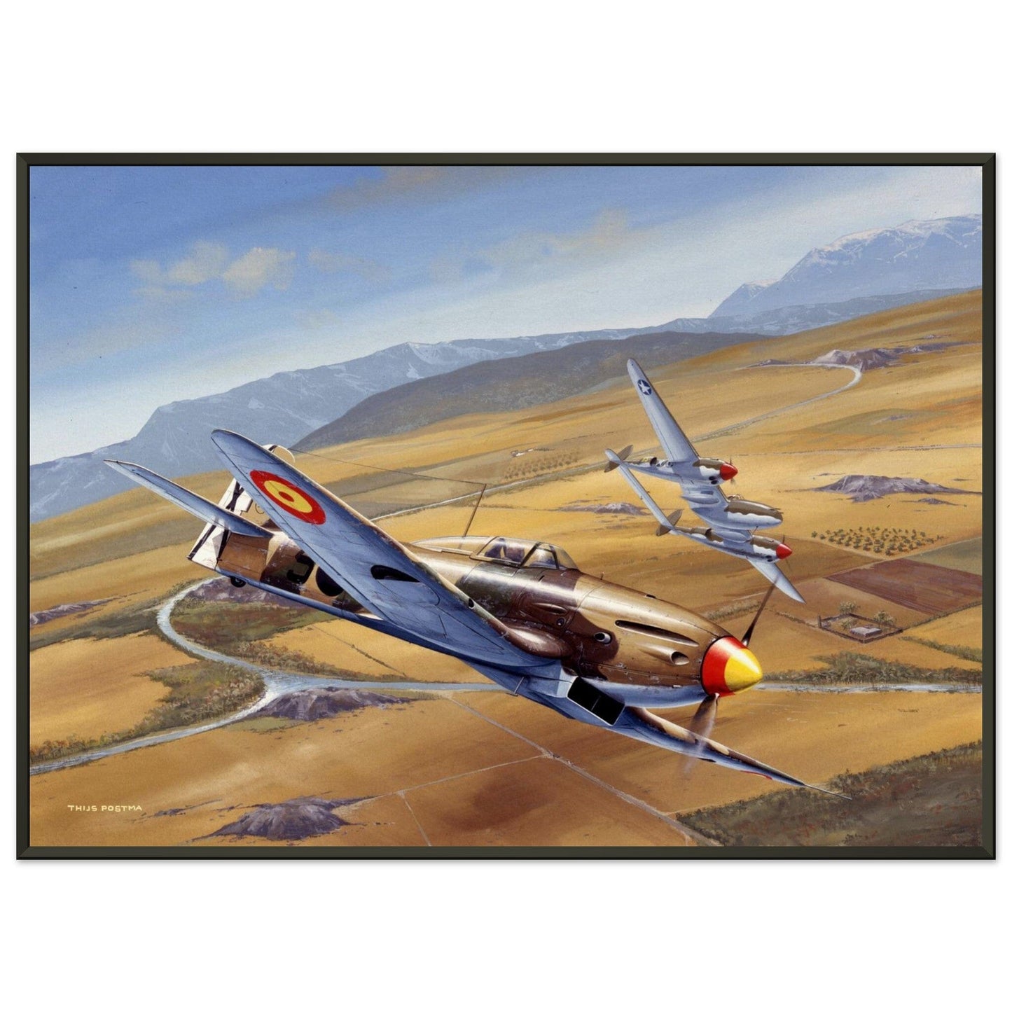 Thijs Postma - Poster - Spanish Heinkel He 112 Intercepting A Lockheed P-38 Lightning - Metal Frame Poster - Metal Frame TP Aviation Art 50x70 cm / 20x28″ 