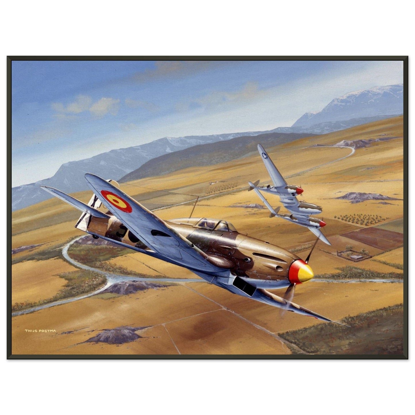 Thijs Postma - Poster - Spanish Heinkel He 112 Intercepting A Lockheed P-38 Lightning - Metal Frame Poster - Metal Frame TP Aviation Art 60x80 cm / 24x32″ 