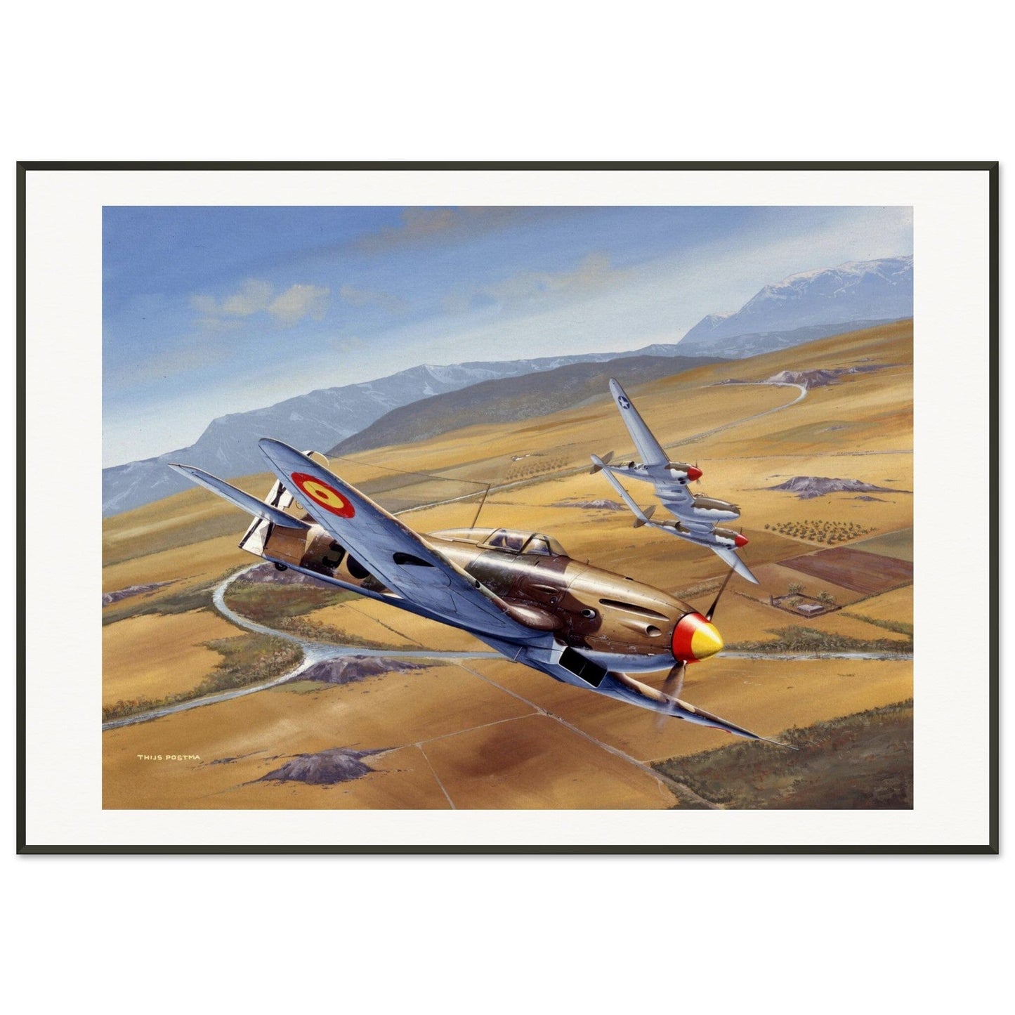 Thijs Postma - Poster - Spanish Heinkel He 112 Intercepting A Lockheed P-38 Lightning - Metal Frame Poster - Metal Frame TP Aviation Art 70x100 cm / 28x40″ 