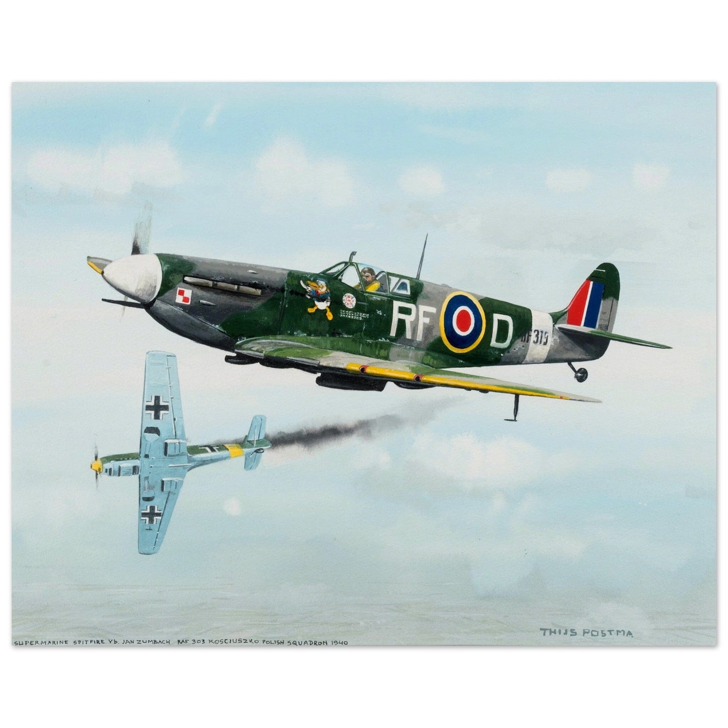 Thijs Postma - Poster - Supermarine Spitfire Vb versus Messerschmitt Bf 109E Poster Only TP Aviation Art 40x50 cm / 16x20″ 