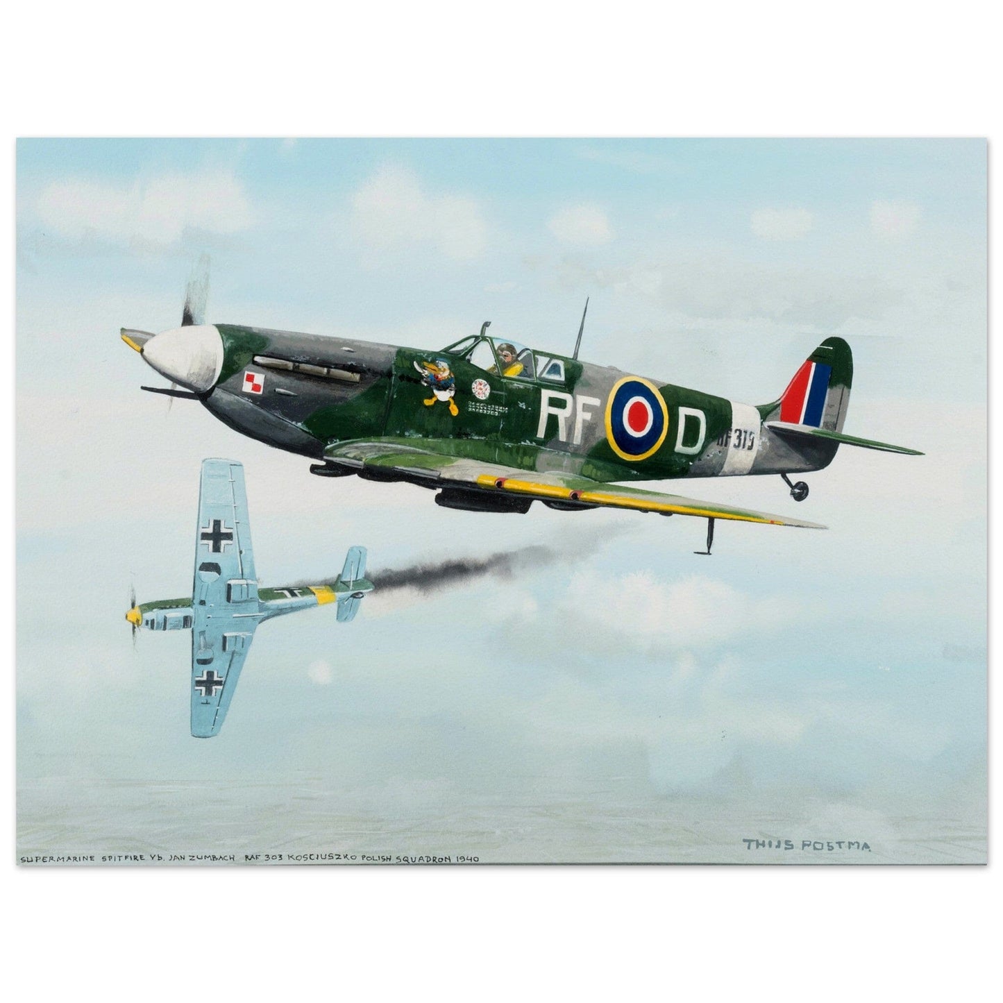 Thijs Postma - Poster - Supermarine Spitfire Vb versus Messerschmitt Bf 109E Poster Only TP Aviation Art 45x60 cm / 18x24″ 