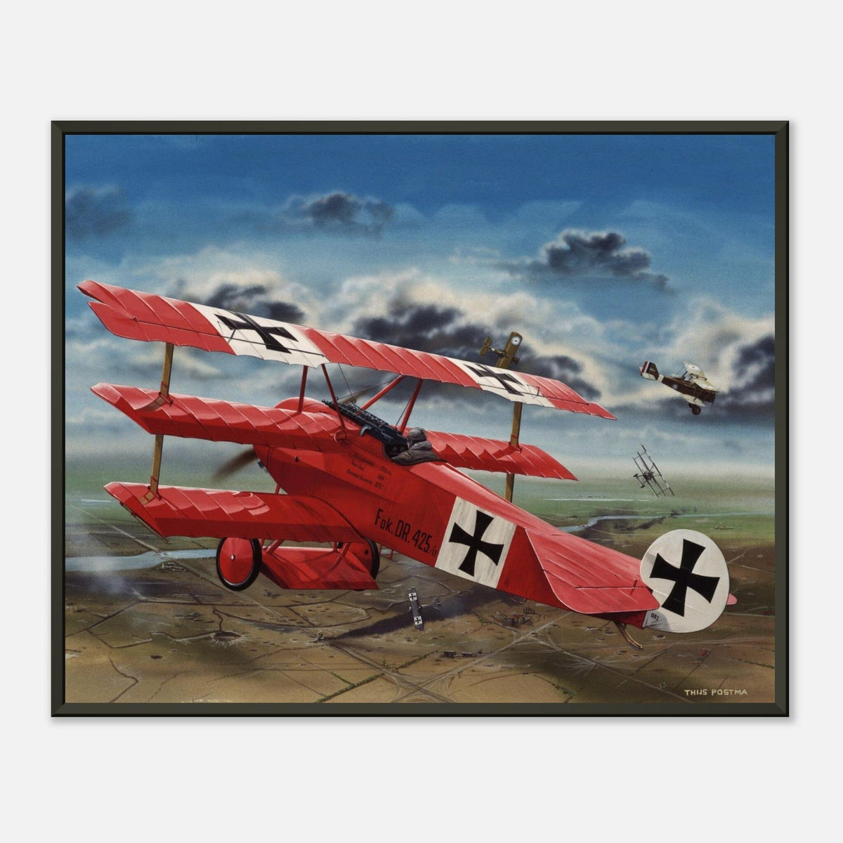 Thijs Postma - Poster - The Red Baron In His Fokker Dr.I Hunting For SE-5As - Metal Frame Poster - Metal Frame TP Aviation Art 40x50 cm / 16x20″ 