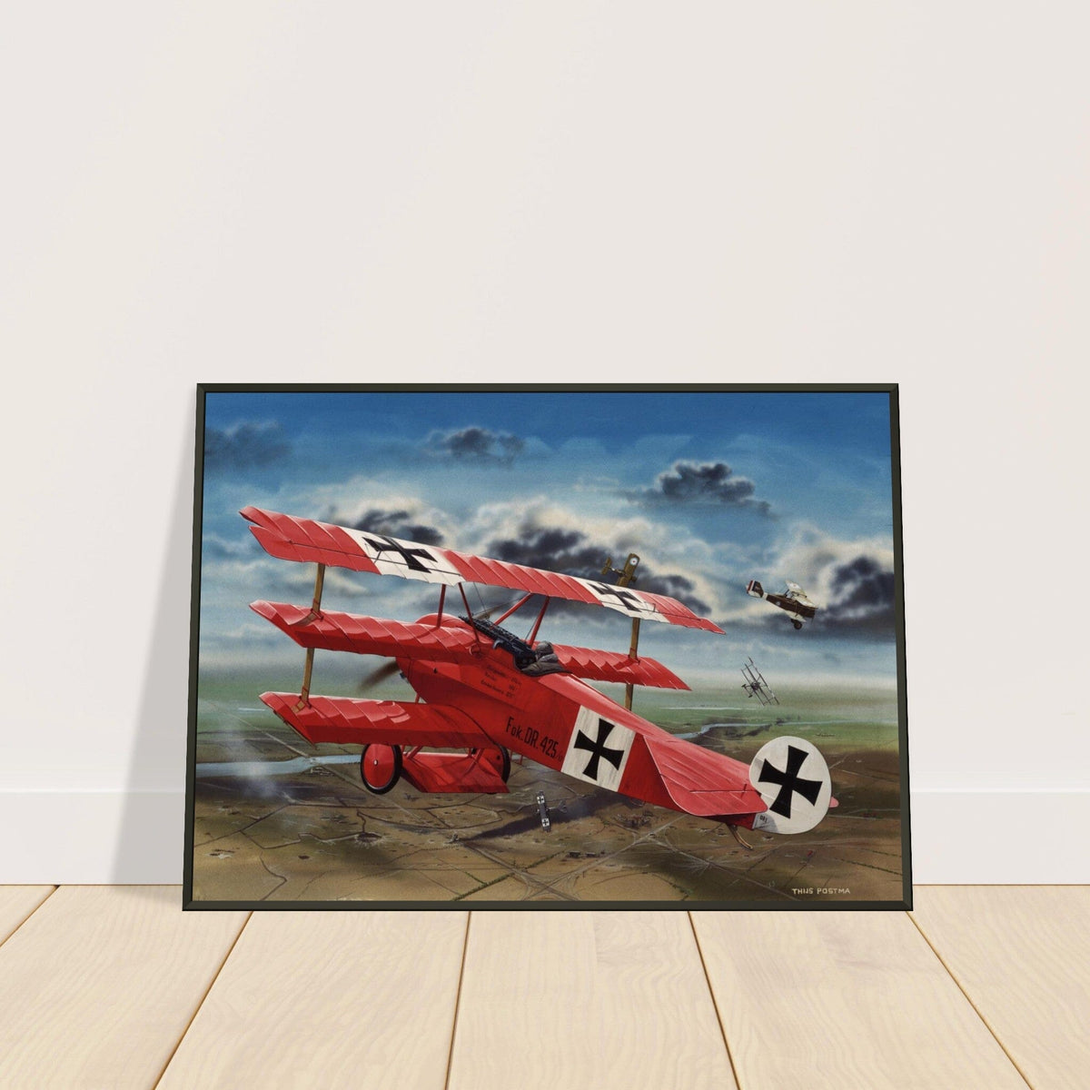 Thijs Postma - Poster - The Red Baron In His Fokker Dr.I Hunting For SE-5As - Metal Frame Poster - Metal Frame TP Aviation Art 