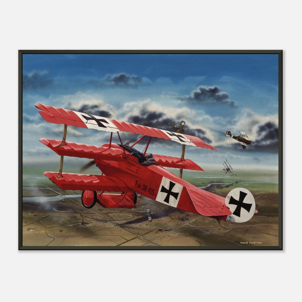 Thijs Postma - Poster - The Red Baron In His Fokker Dr.I Hunting For SE-5As - Metal Frame Poster - Metal Frame TP Aviation Art 45x60 cm / 18x24″ 