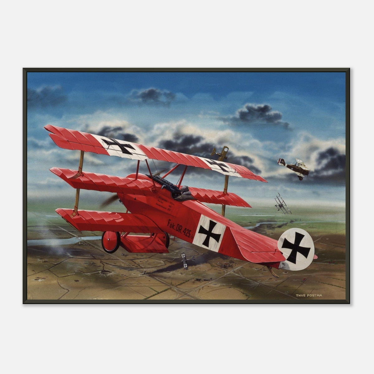 Thijs Postma - Poster - The Red Baron In His Fokker Dr.I Hunting For SE-5As - Metal Frame Poster - Metal Frame TP Aviation Art 50x70 cm / 20x28″ 