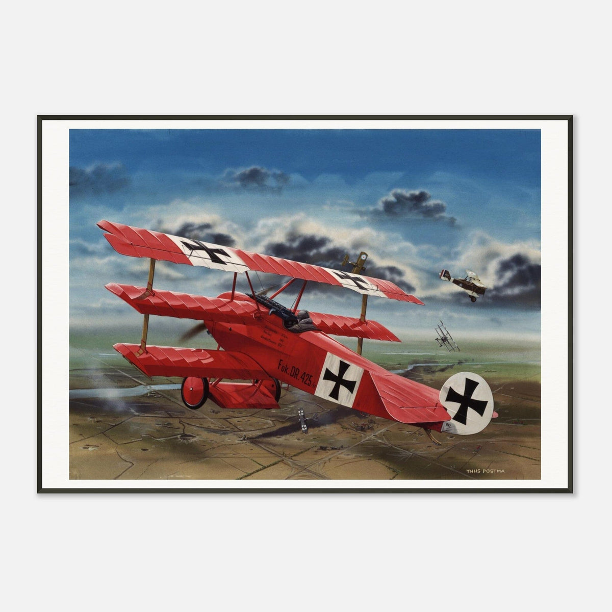Thijs Postma - Poster - The Red Baron In His Fokker Dr.I Hunting For SE-5As - Metal Frame Poster - Metal Frame TP Aviation Art 70x100 cm / 28x40″ 