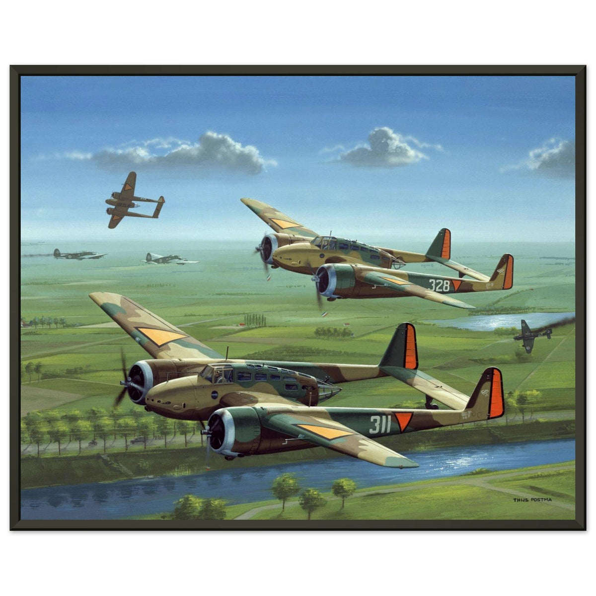 Thijs Postma - Poster - Three Fokker G.I’s Downing German Invaders - Metal Frame Poster - Metal Frame TP Aviation Art 40x50 cm / 16x20″ 