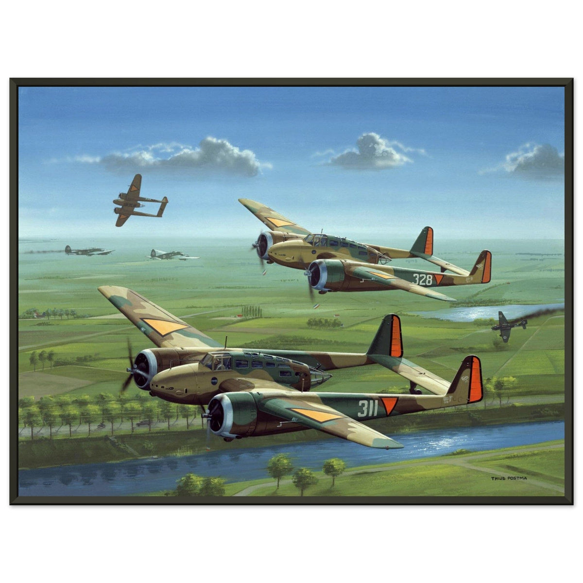 Thijs Postma - Poster - Three Fokker G.I’s Downing German Invaders - Metal Frame Poster - Metal Frame TP Aviation Art 45x60 cm / 18x24″ 