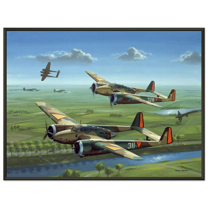Thijs Postma - Poster - Three Fokker G.I’s Downing German Invaders - Metal Frame Poster - Metal Frame TP Aviation Art 45x60 cm / 18x24″ 