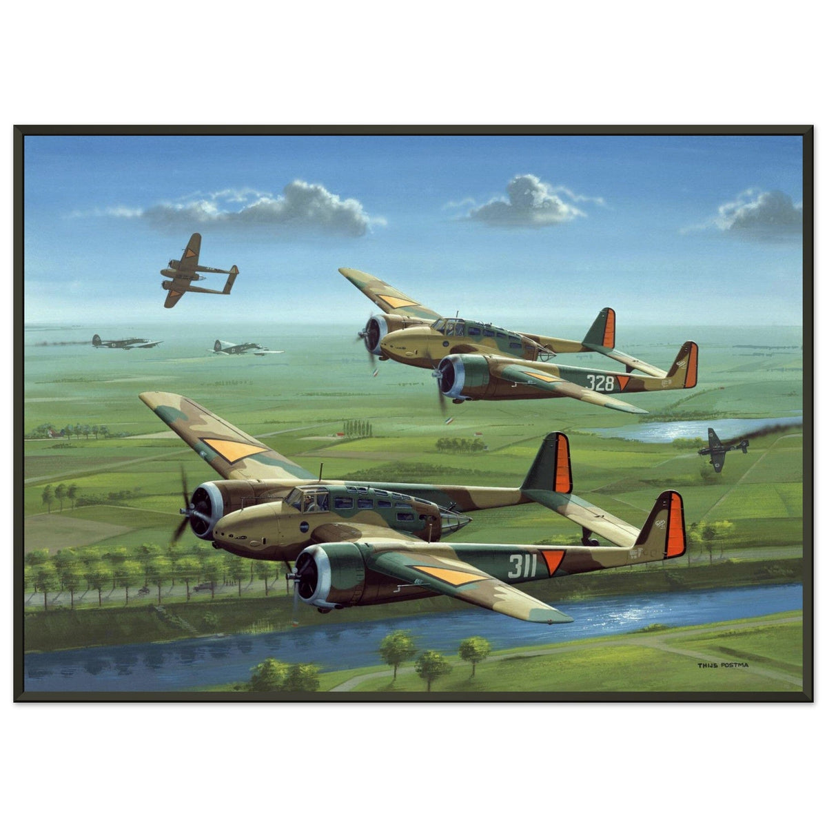 Thijs Postma - Poster - Three Fokker G.I’s Downing German Invaders - Metal Frame Poster - Metal Frame TP Aviation Art 50x70 cm / 20x28″ 