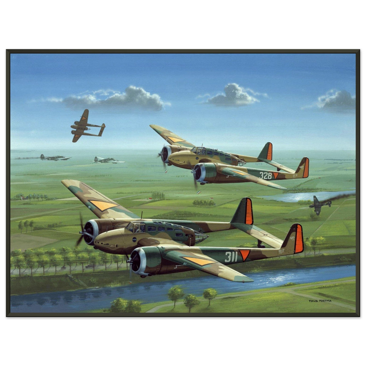 Thijs Postma - Poster - Three Fokker G.I’s Downing German Invaders - Metal Frame Poster - Metal Frame TP Aviation Art 60x80 cm / 24x32″ 