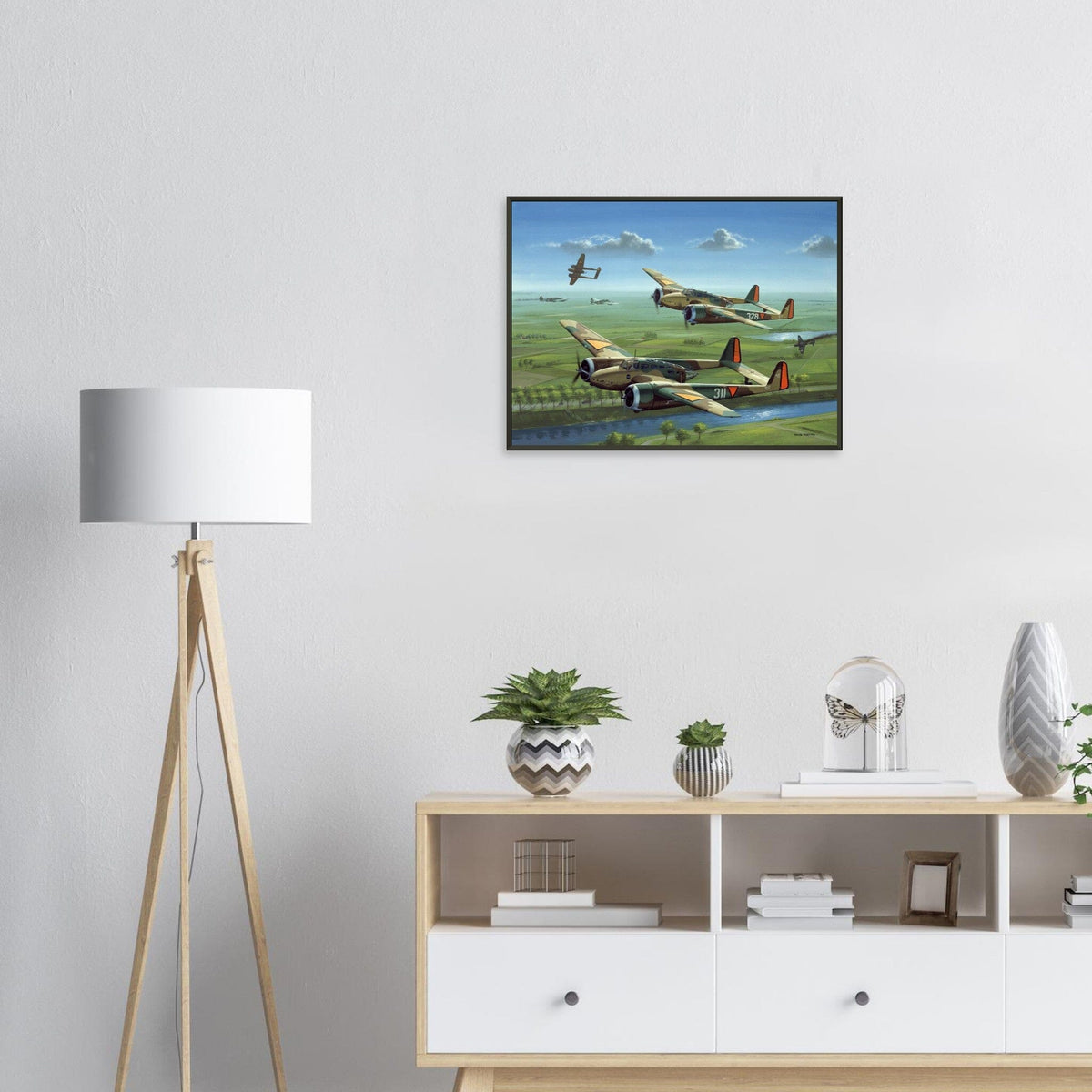 Thijs Postma - Poster - Three Fokker G.I’s Downing German Invaders - Metal Frame Poster - Metal Frame TP Aviation Art 