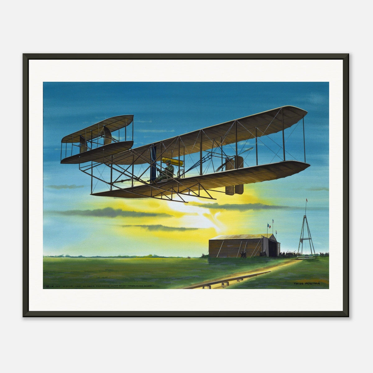 Thijs Postma - Poster - Wright Flyer First Flight Over The Netherlands 1909 - Metal Frame Poster - Metal Frame TP Aviation Art 40x50 cm / 16x20″ 
