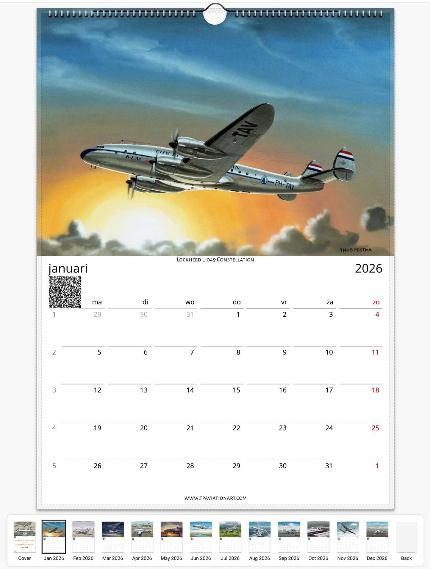 Thijs Postma - Vliegende Kunstkalender 2026 - Constellation Collectie Calendar TP Aviation Art 