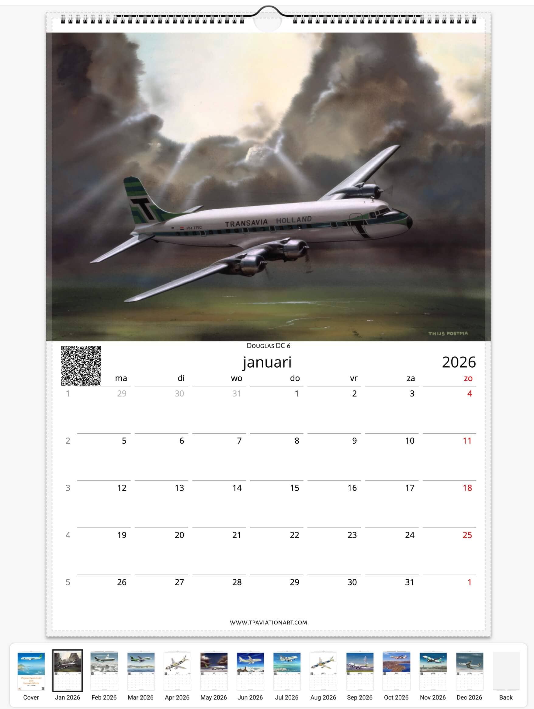 Thijs Postma - Vliegende Kunstkalender 2026 - Transavia Collectie Calendar TP Aviation Art 