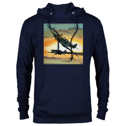 Thijs Postma - Hoodie - Messerschmitt Bf 109E Shot A Lavochkin LaGG-3 - Premium Unisex Pullover Hoodie TP Aviation Art Navy XS 