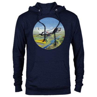 Thijs Postma - Hoodie - North American F-86K Sabre Over Dutch Landscape - Premium Unisex Pullover Hoodie TP Aviation Art Navy XS 