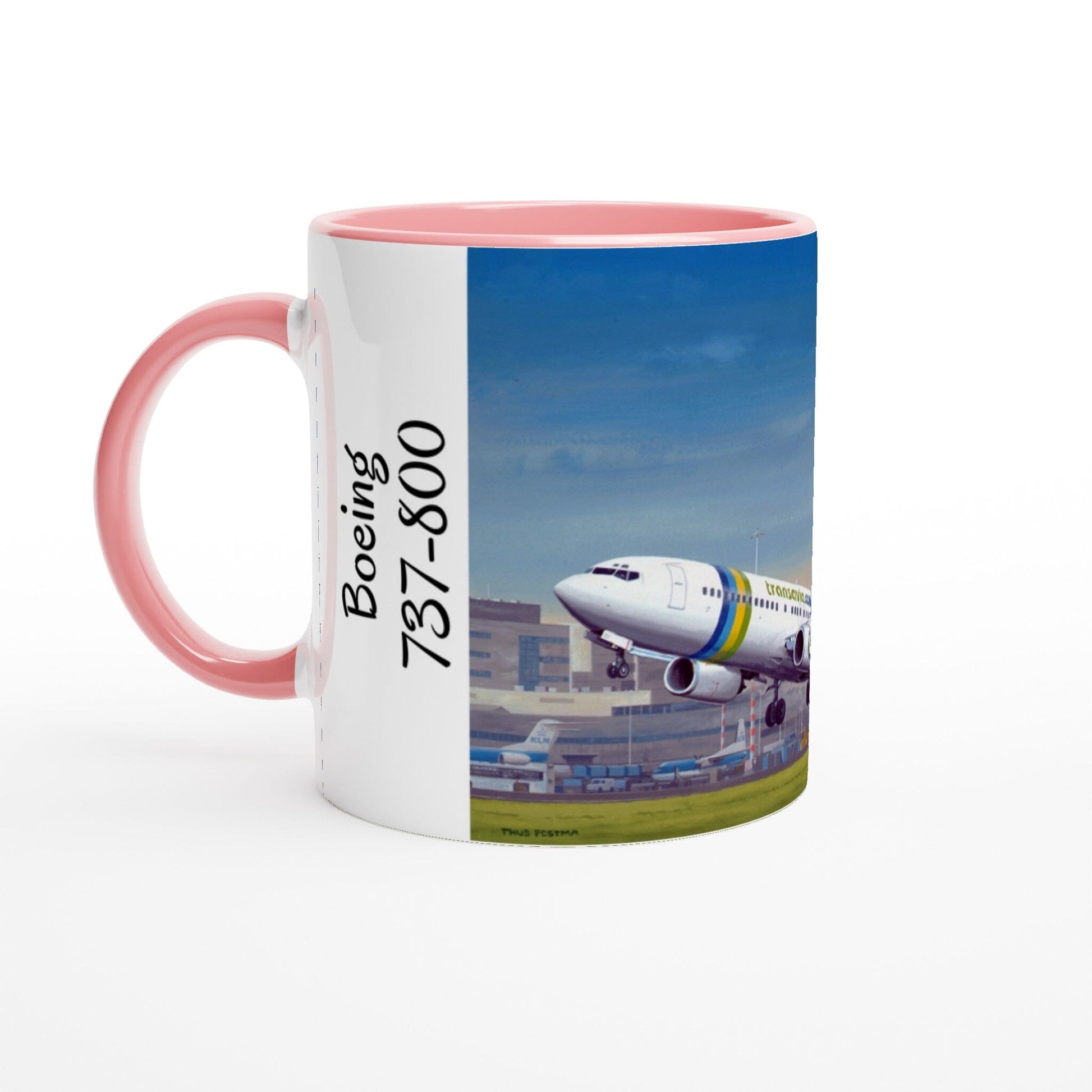 Thijs Postma - Mug - Boeing 737-800 Transavia Schiphol Airport - Ceramic 11oz Mugs TP Aviation Art ceramic pink 