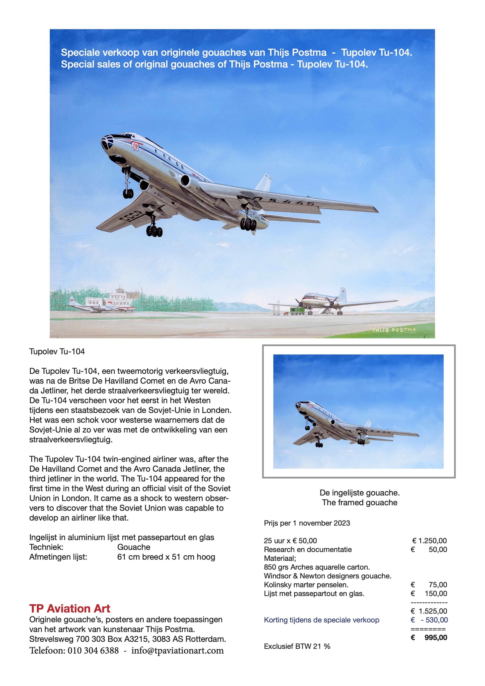 Thijs Postma - Original Painting - Tupolev Tu-104 Original Painting TP Aviation Art 