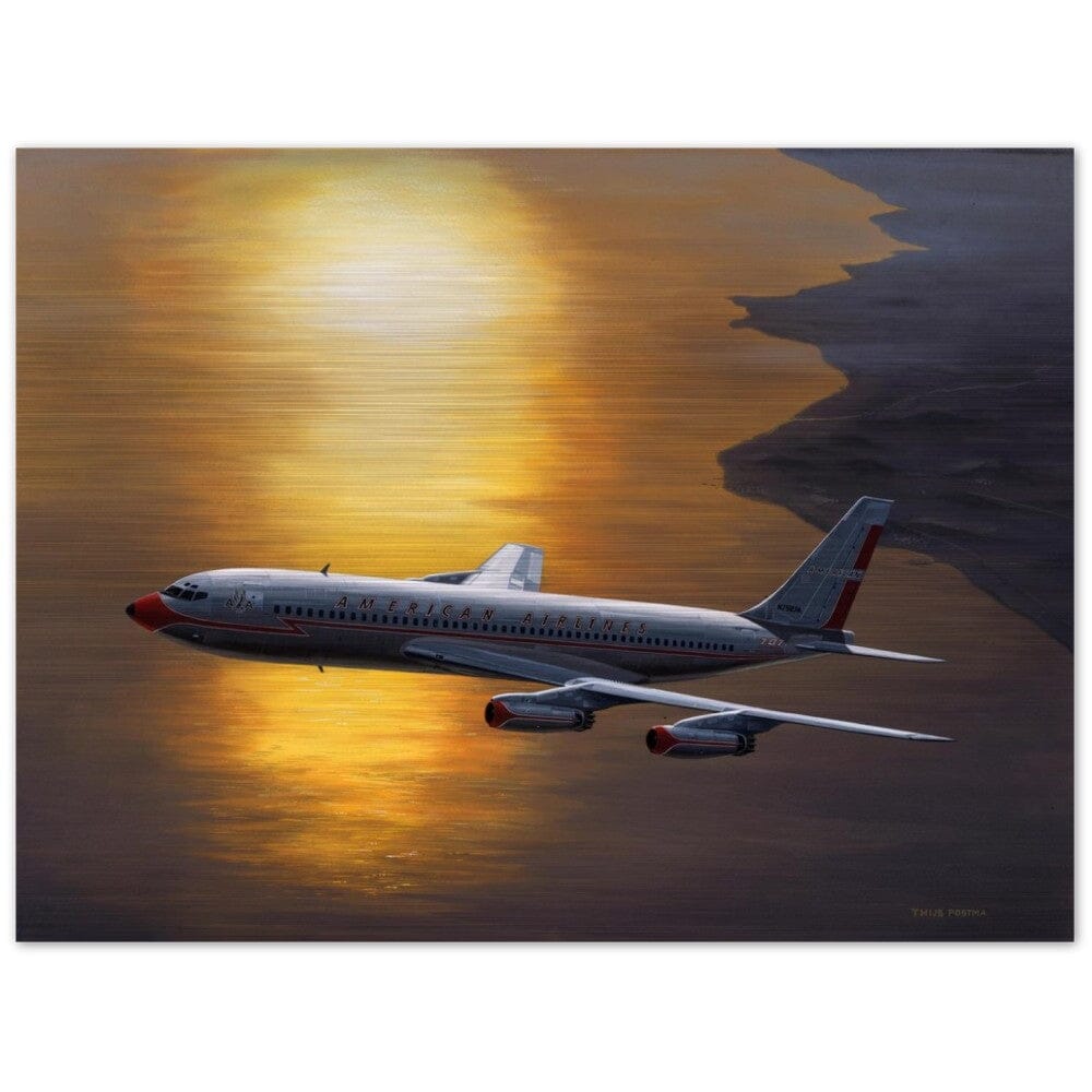 Thijs Postma - Poster - Aluminum - Boeing 707 Against The Sun - Brushed Brushed Aluminum Print TP Aviation Art 45x60 cm / 18x24″ 