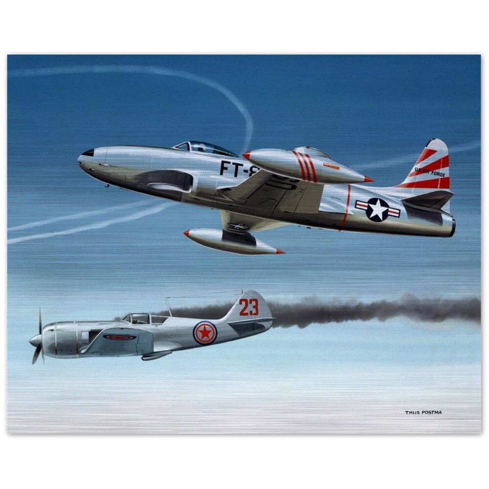 Thijs Postma - Poster - Aluminum - Lockheed P-80 Shooting A Lavochkin La-9 Over Korea - Brushed Brushed Aluminum Print TP Aviation Art 40x50 cm / 16x20″ 