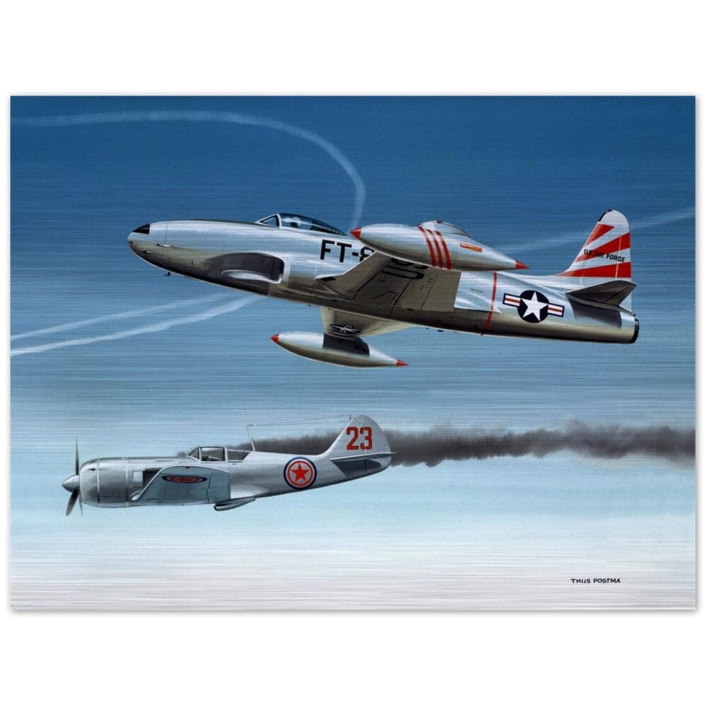 Thijs Postma - Poster - Aluminum - Lockheed P-80 Shooting A Lavochkin La-9 Over Korea - Brushed Brushed Aluminum Print TP Aviation Art 45x60 cm / 18x24″ 