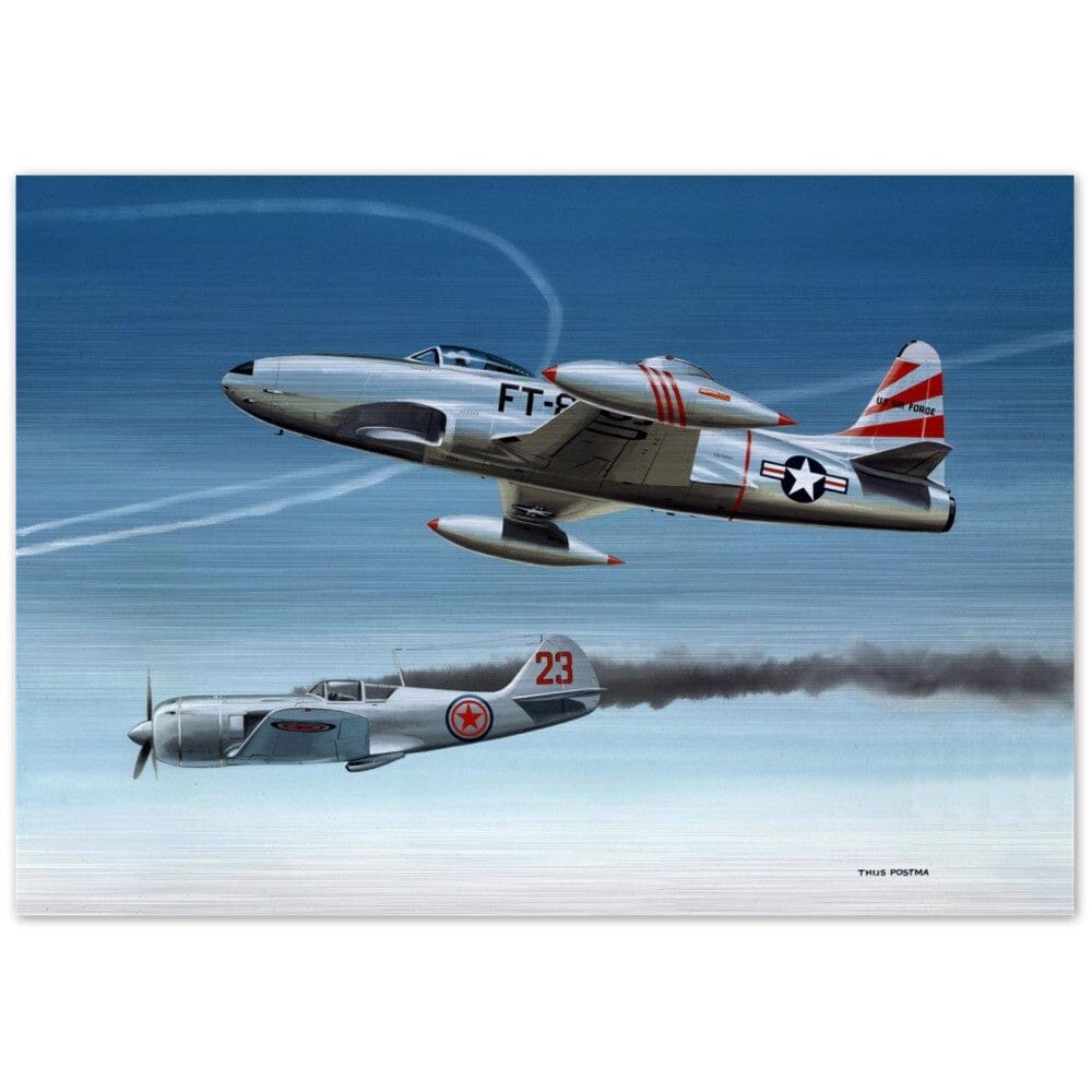 Thijs Postma - Poster - Aluminum - Lockheed P-80 Shooting A Lavochkin La-9 Over Korea - Brushed Brushed Aluminum Print TP Aviation Art 70x100 cm / 28x40″ 