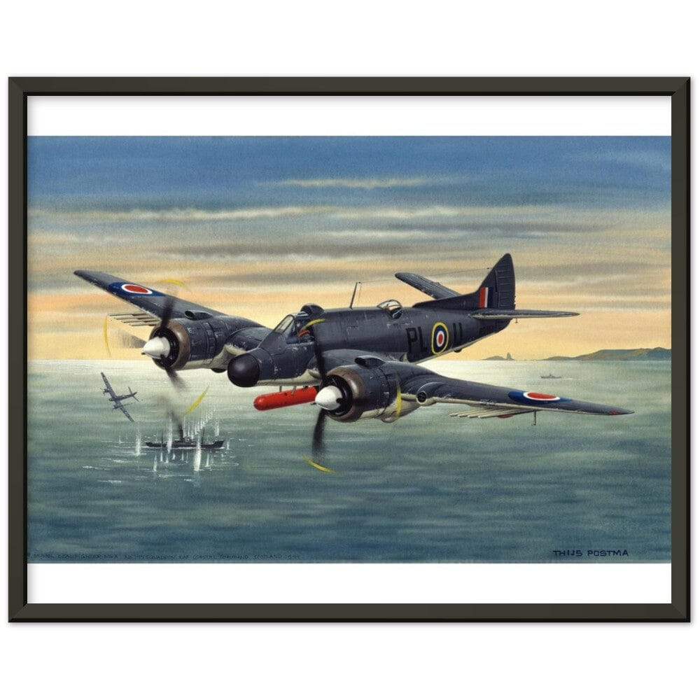 Thijs Postma - Poster - Bristol Beaufighter T.F. Mk.10 Attacking German Ships - Metal Frame Poster - Metal Frame TP Aviation Art 40x50 cm / 16x20″ Black 