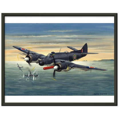 Thijs Postma - Poster - Bristol Beaufighter T.F. Mk.10 Attacking German Ships - Metal Frame Poster - Metal Frame TP Aviation Art 40x50 cm / 16x20″ Black 