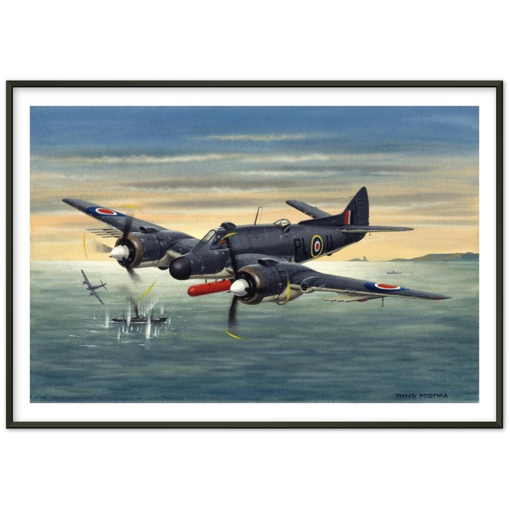 Thijs Postma - Poster - Bristol Beaufighter T.F. Mk.10 Attacking German Ships - Metal Frame Poster - Metal Frame TP Aviation Art 70x100 cm / 28x40″ Black 