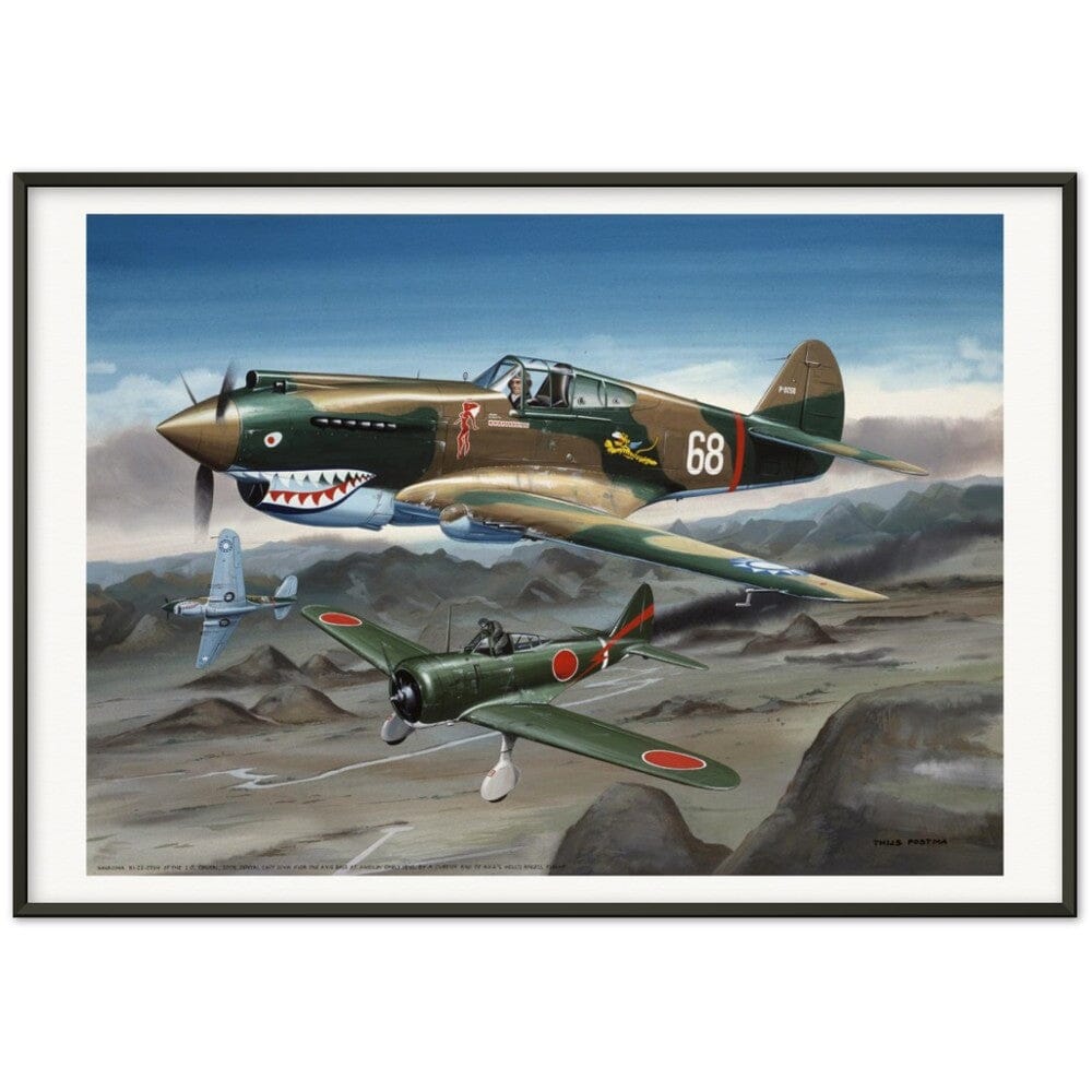 Thijs Postma - Poster - Curtiss P-40B Shooting Down a Japanese Ki-27 Otsu - Metal Frame Poster - Metal Frame TP Aviation Art 70x100 cm / 28x40″ Black 