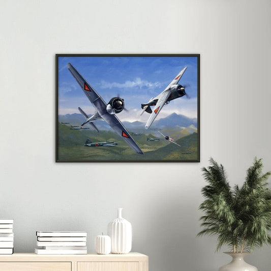 Thijs Postma - Poster - Curtiss-Wright CW-21 Demon Interceptors Hitting Japanese - Metal Frame Poster - Metal Frame TP Aviation Art 