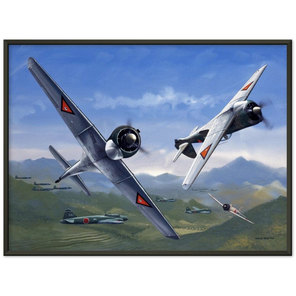 Thijs Postma - Poster - Curtiss-Wright CW-21 Demon Interceptors Hitting Japanese - Metal Frame Poster - Metal Frame TP Aviation Art 
