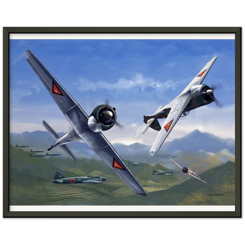 Thijs Postma - Poster - Curtiss-Wright CW-21 Demon Interceptors Hitting Japanese - Metal Frame Poster - Metal Frame TP Aviation Art 40x50 cm / 16x20″ Black 