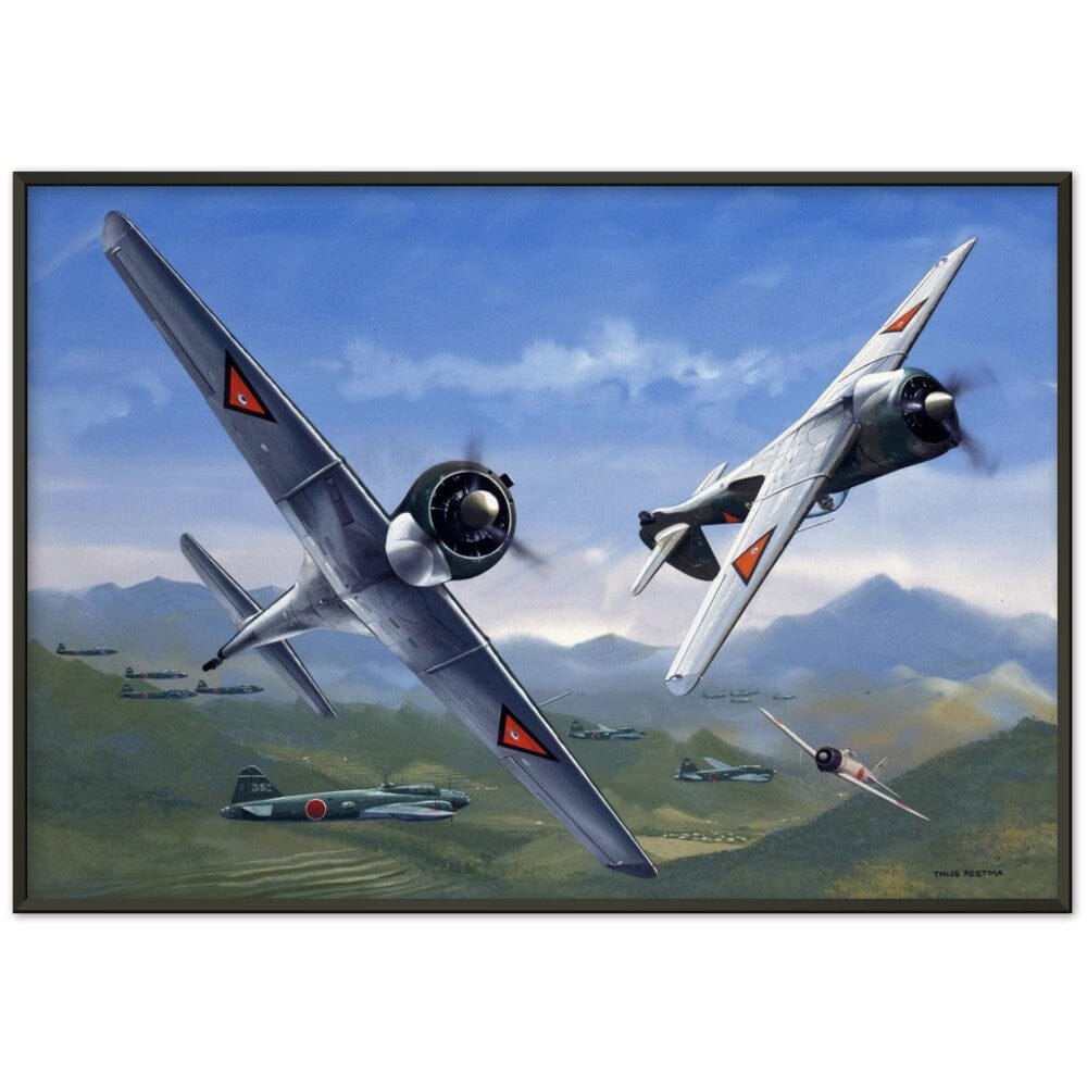 Thijs Postma - Poster - Curtiss-Wright CW-21 Demon Interceptors Hitting Japanese - Metal Frame Poster - Metal Frame TP Aviation Art 70x100 cm / 28x40″ Black 