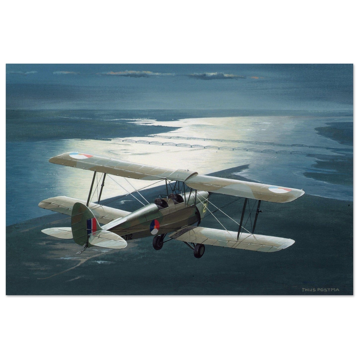 Thijs Postma - Poster - De Havilland DH.82A Tiger Moth Over Moerdijk Poster Only TP Aviation Art 40x60 cm / 16x24″ 